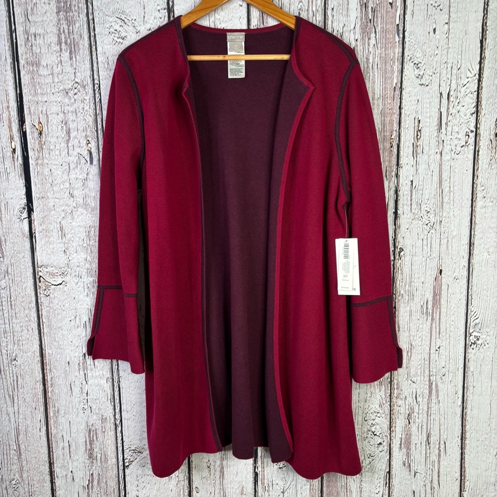 🏷️NWT Chico’s 3P XLP Petite Reversible Cardigan Sweater Mid Length Mulberry Red